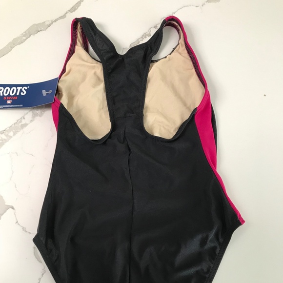 Roots Swim Girls One Piece Swimsuit 10 NWT Black and Magenta Racerback - Picture 3 of 8